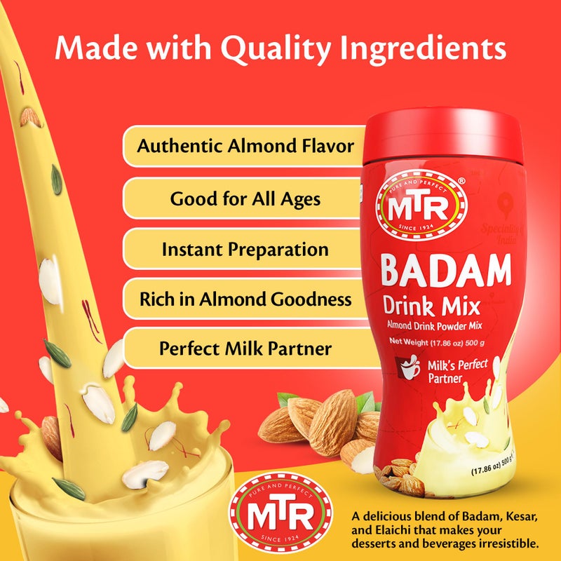 MTR Badam Drink Mix - 500g Pack of 1, Multi-purpose Drink Mix, Premium Almond Drink Mix made with select quality Almonds, Saffron & Cardamom, Authentic Indian Flavor, Quick & Easy to Prepare, Ideal for Desserts - Image 2